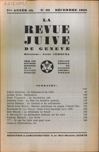 La Revue Juive de Genève. Vol. 7 n° 3 fasc. 63 (décembre 1938)